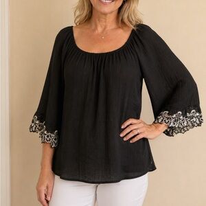 Unique Spectrum Black Boho Peasant Top Lace Bell Sleeve Flowy Sz Large